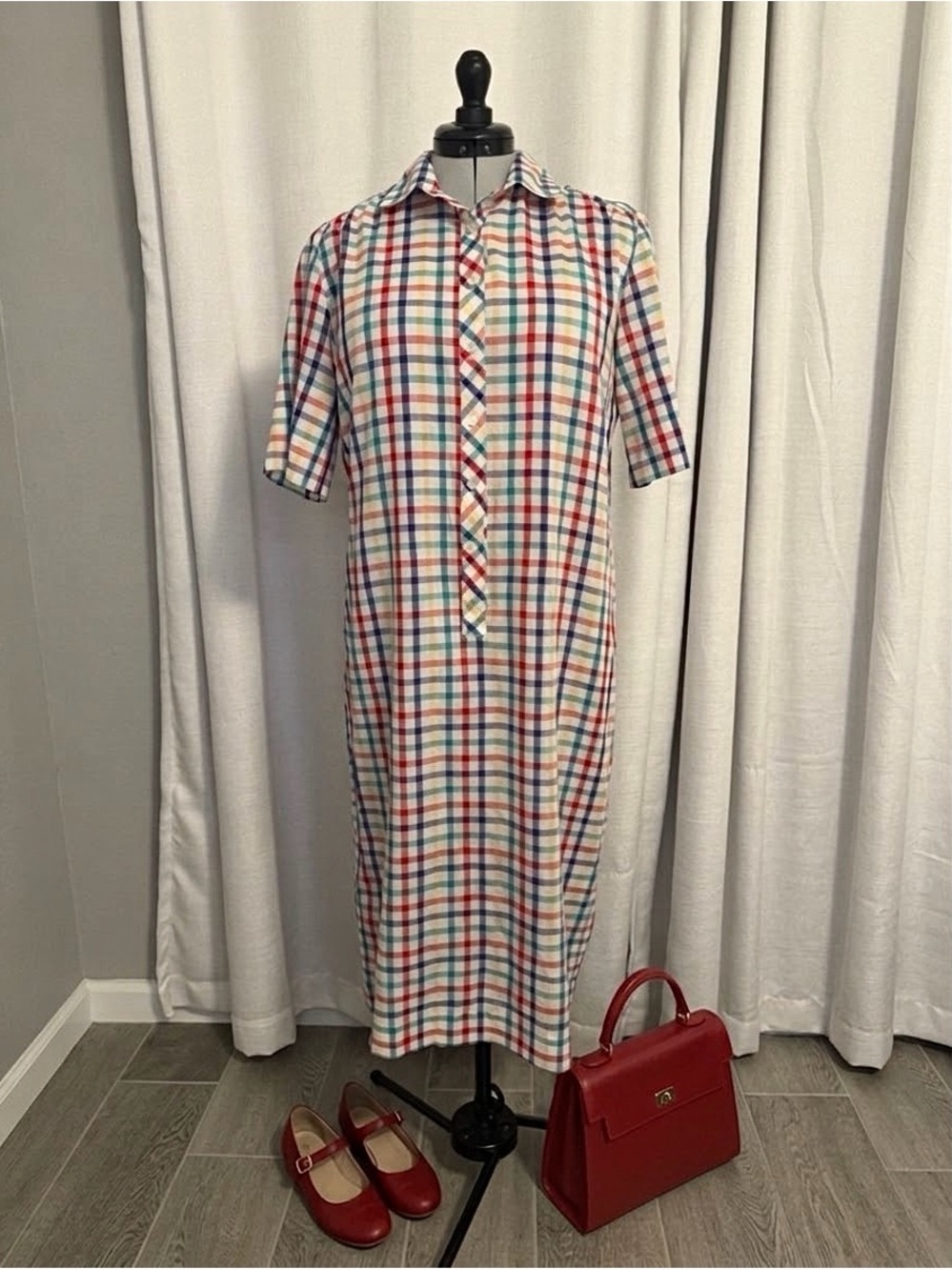 Vintage Multicolor Plaid Button-Front Shirt Dress
